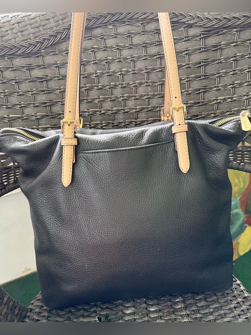Michael Kors Black Pebbled Leather Tote with Tan Handles & Gold Charm EUC - Picture 4 of 17